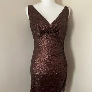 Lauren Ralph Lauren Women's Brown Sleeveless V-Neck Zip Sequin Ruched Dress Sz 4